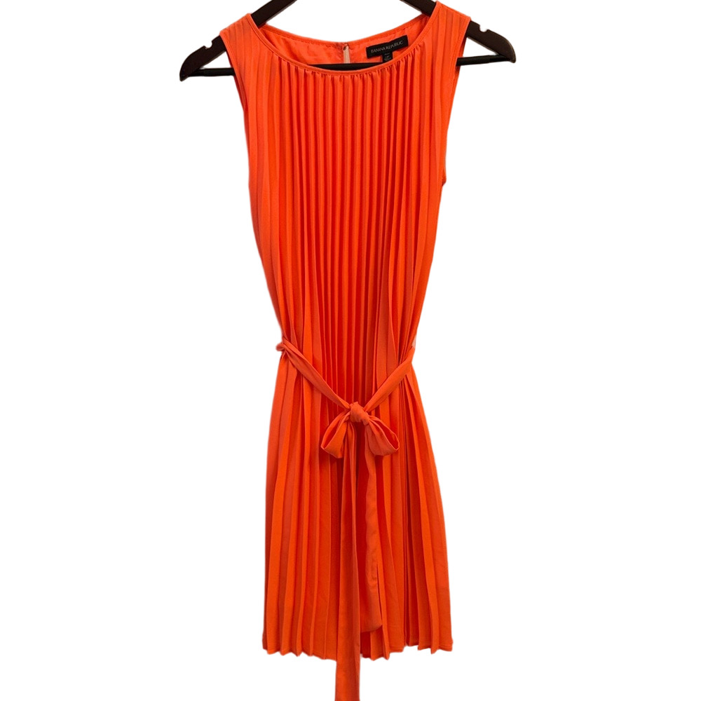 Banana Republic Tangerine Orange Belted Pleated Petite Dress 0P Sleeveless - Picture 3 of 15